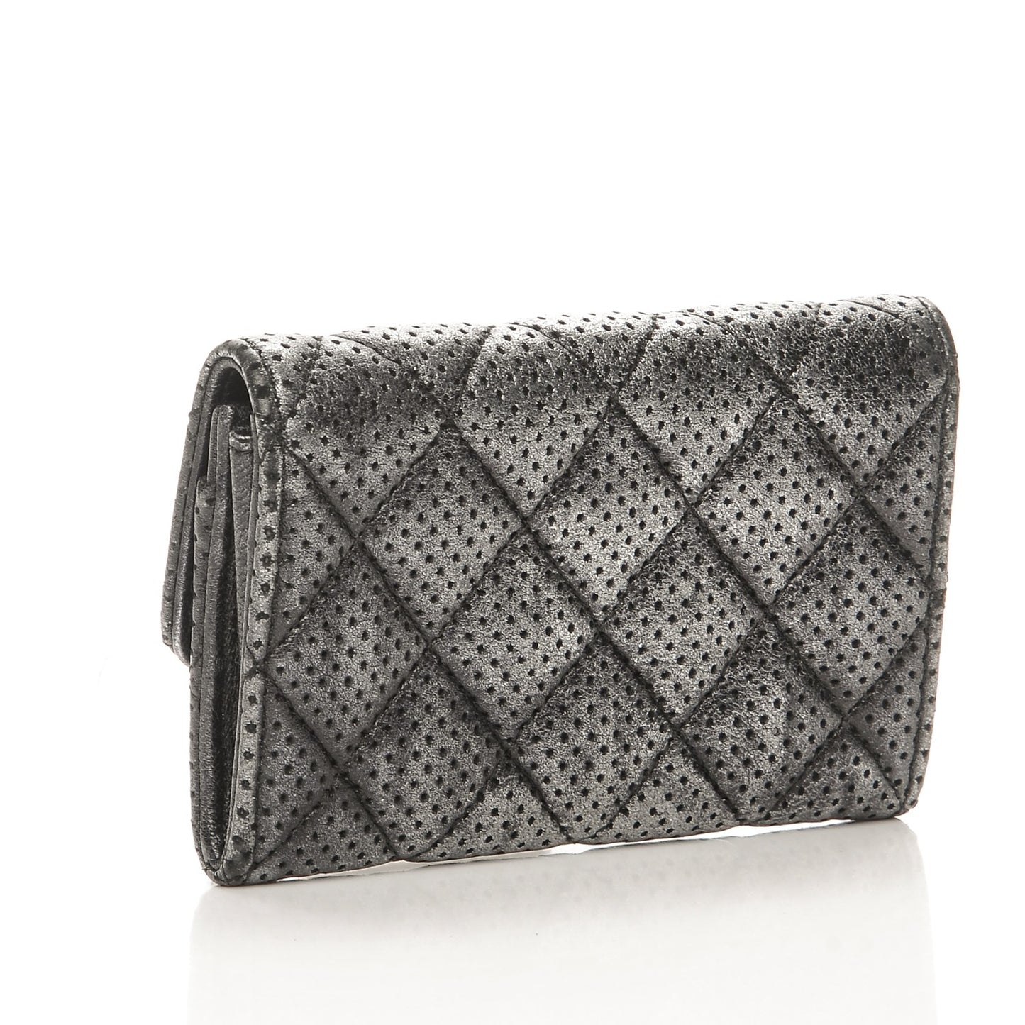 Metallic Calfskin Perforated Quilted Card Holder Grey