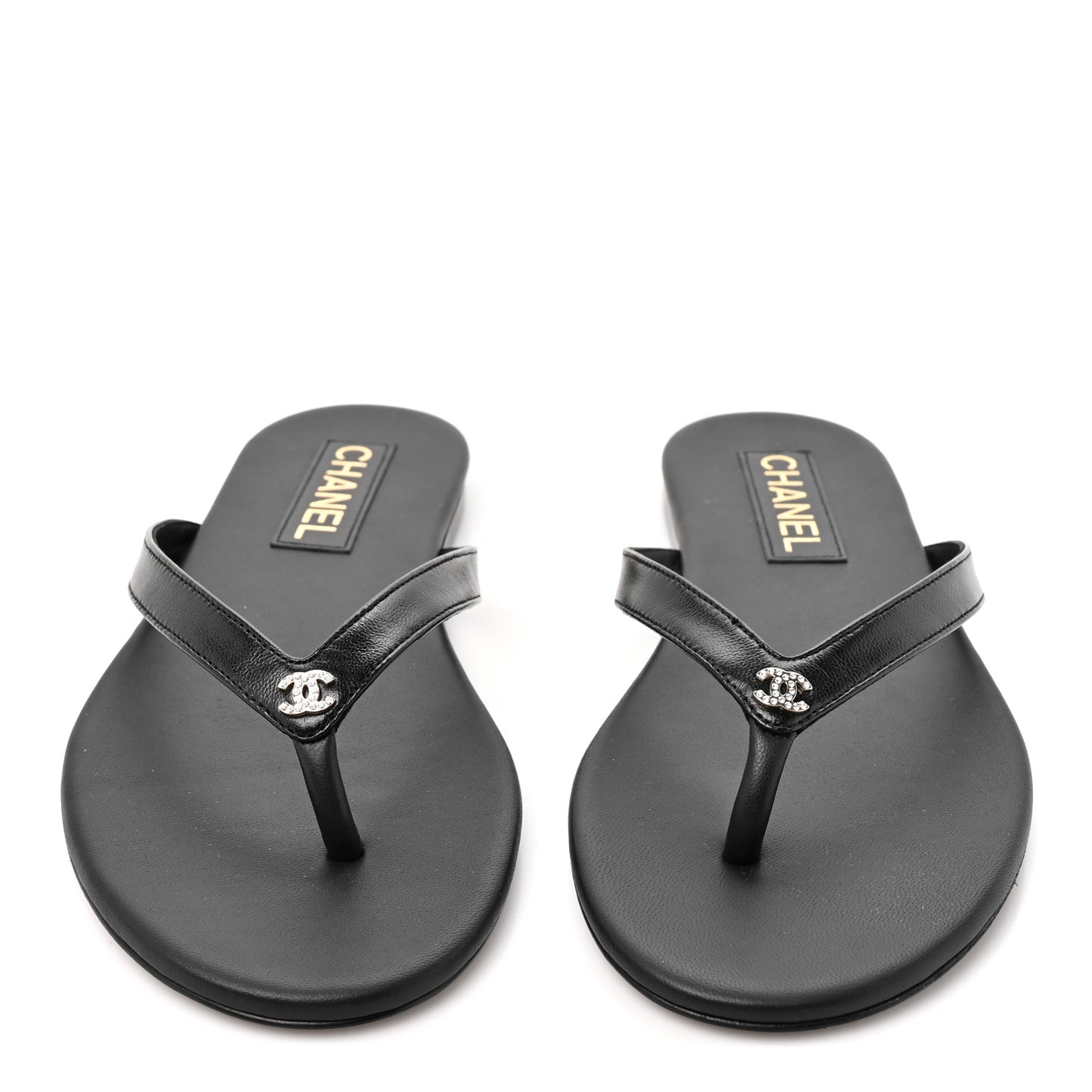 Shiny Lambskin Crystal CC Thong Sandals 39.5 Black