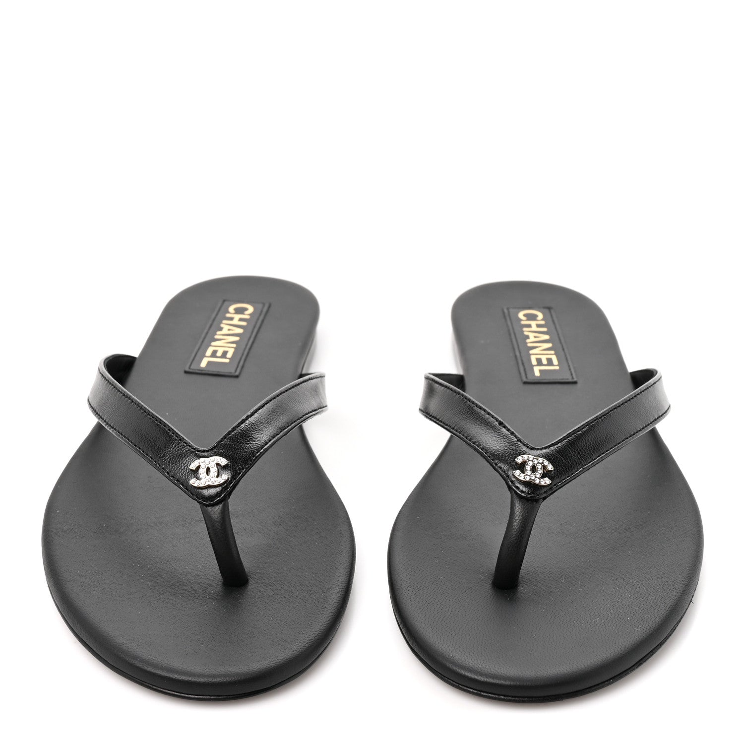 Chanel Shiny Lambskin Crystal CC Thong Sandals 39.5 Black 3 of 10