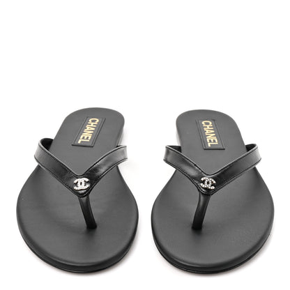 Chanel Shiny Lambskin Crystal CC Thong Sandals 39.5 Black 3 of 10