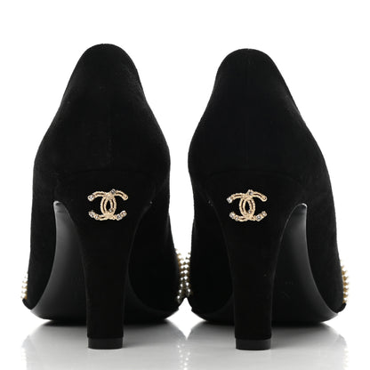 Chanel Suede Pearl Grosgrain Pumps 38 Black 9 of 10