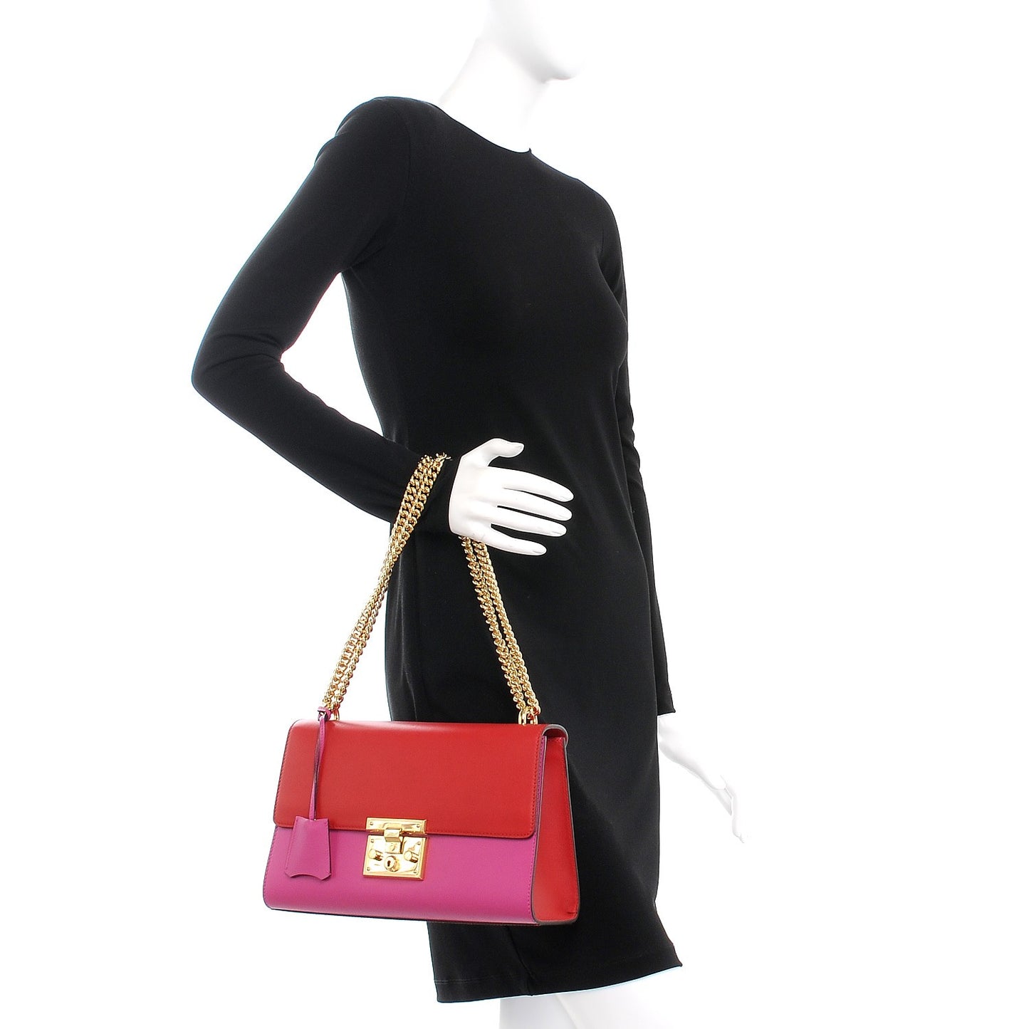 Moon Calfskin Bi-Color Medium Padlock Shoulder Bag New Rosette Hibiscus Red