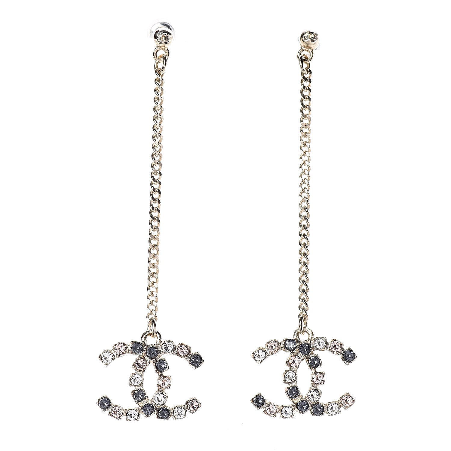 Chanel Crystal CC Drop Earrings Pink Grey Gold 1 of 4