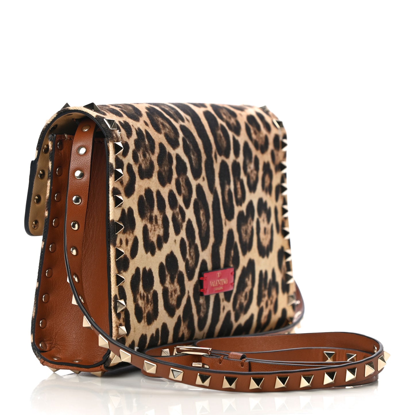 Calfskin Canvas Leopard Print Medium Rockstud Flip Lock Crossbody Bag Tan