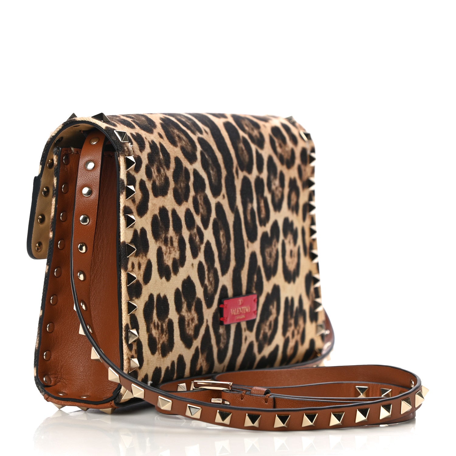 Valentino Garavani Calfskin Canvas Leopard Print Medium Rockstud Flip Lock Crossbody Bag Tan 3 of 10