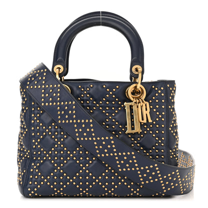 Christian Dior Calfskin Cannage Studded Medium Supple Lady Dior Navy 1 of 18