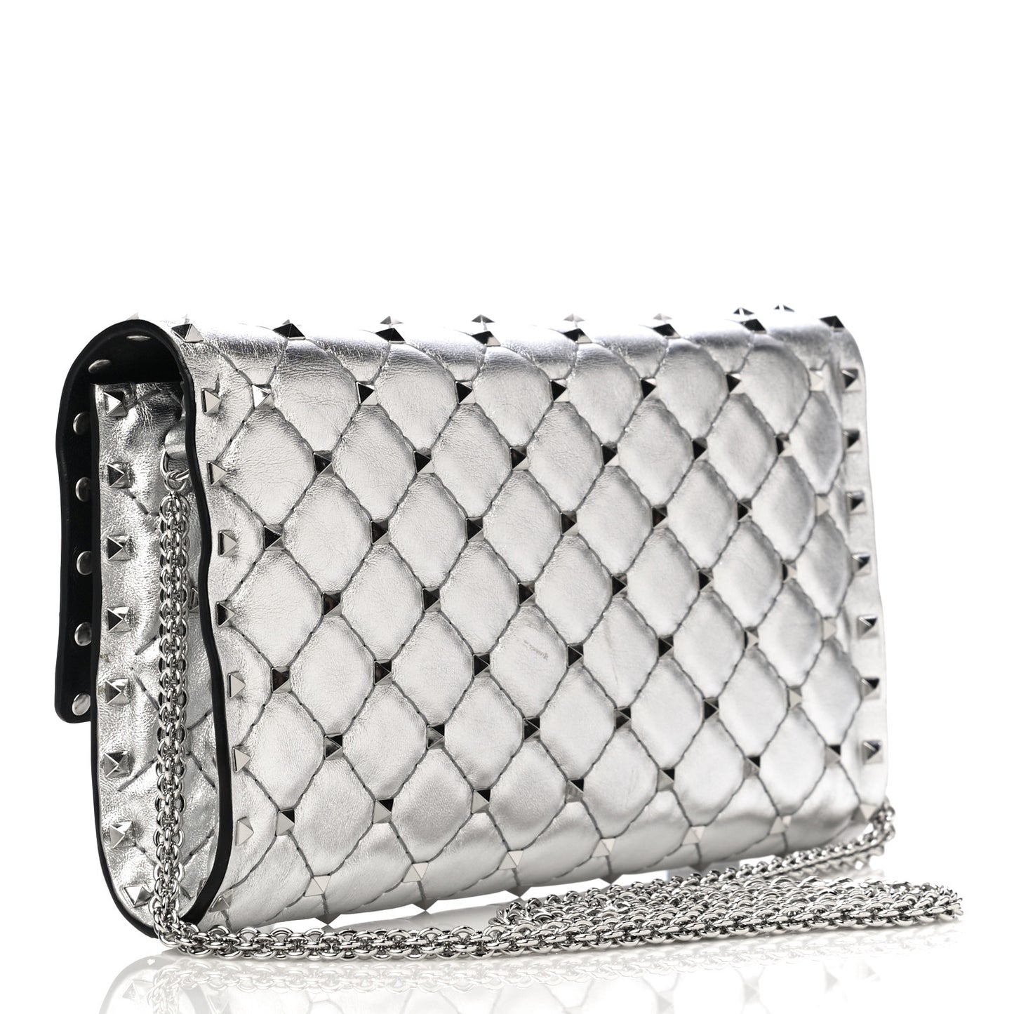 Metallic Nappa Rockstud Spike Wallet on Chain Silver
