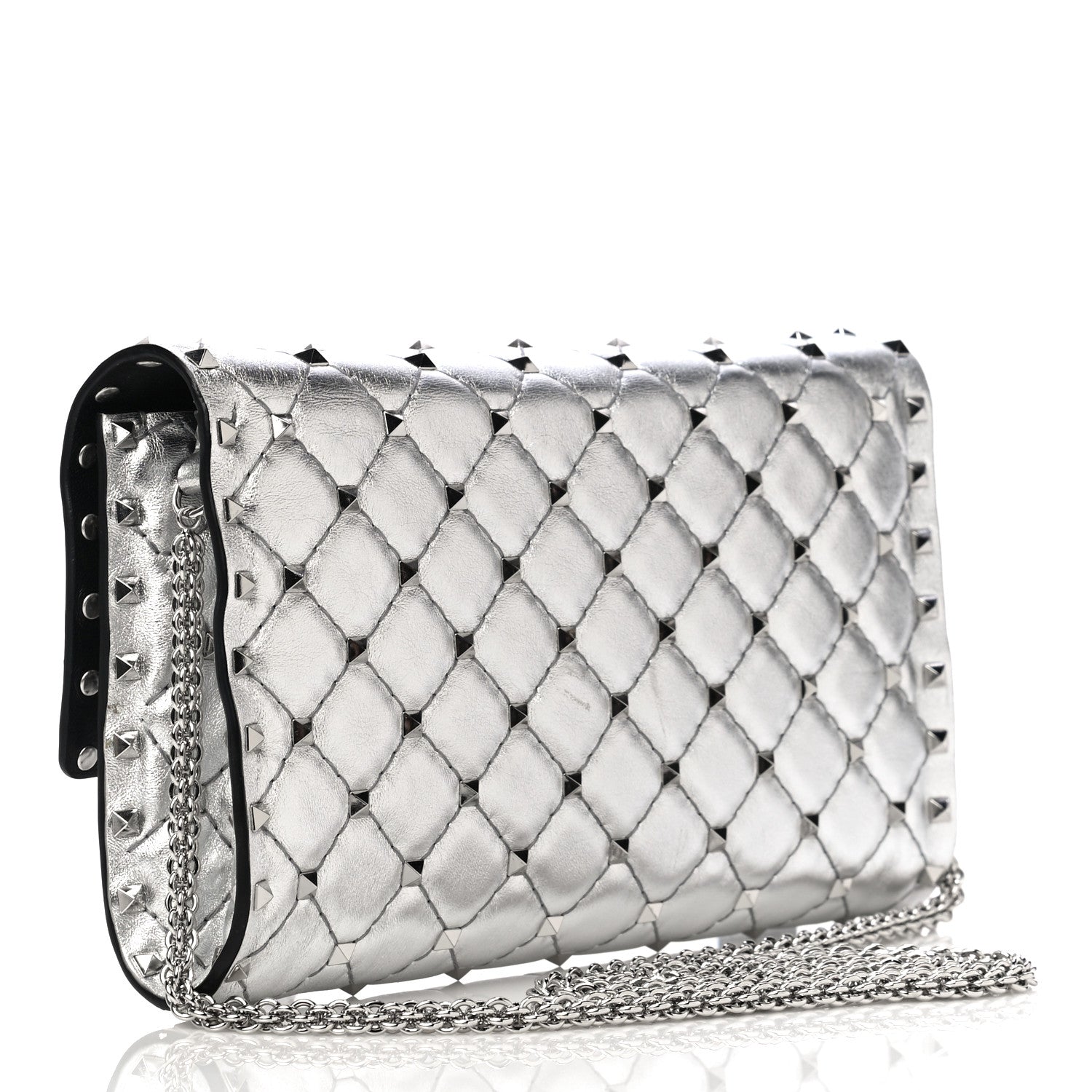 Valentino Garavani Metallic Nappa Rockstud Spike Wallet on Chain Silver 2 of 16