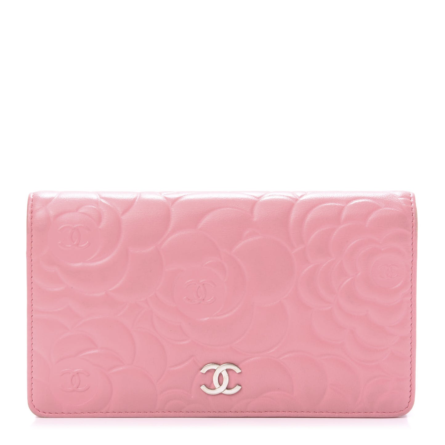Lambskin Camellia Embossed Yen Wallet Pink