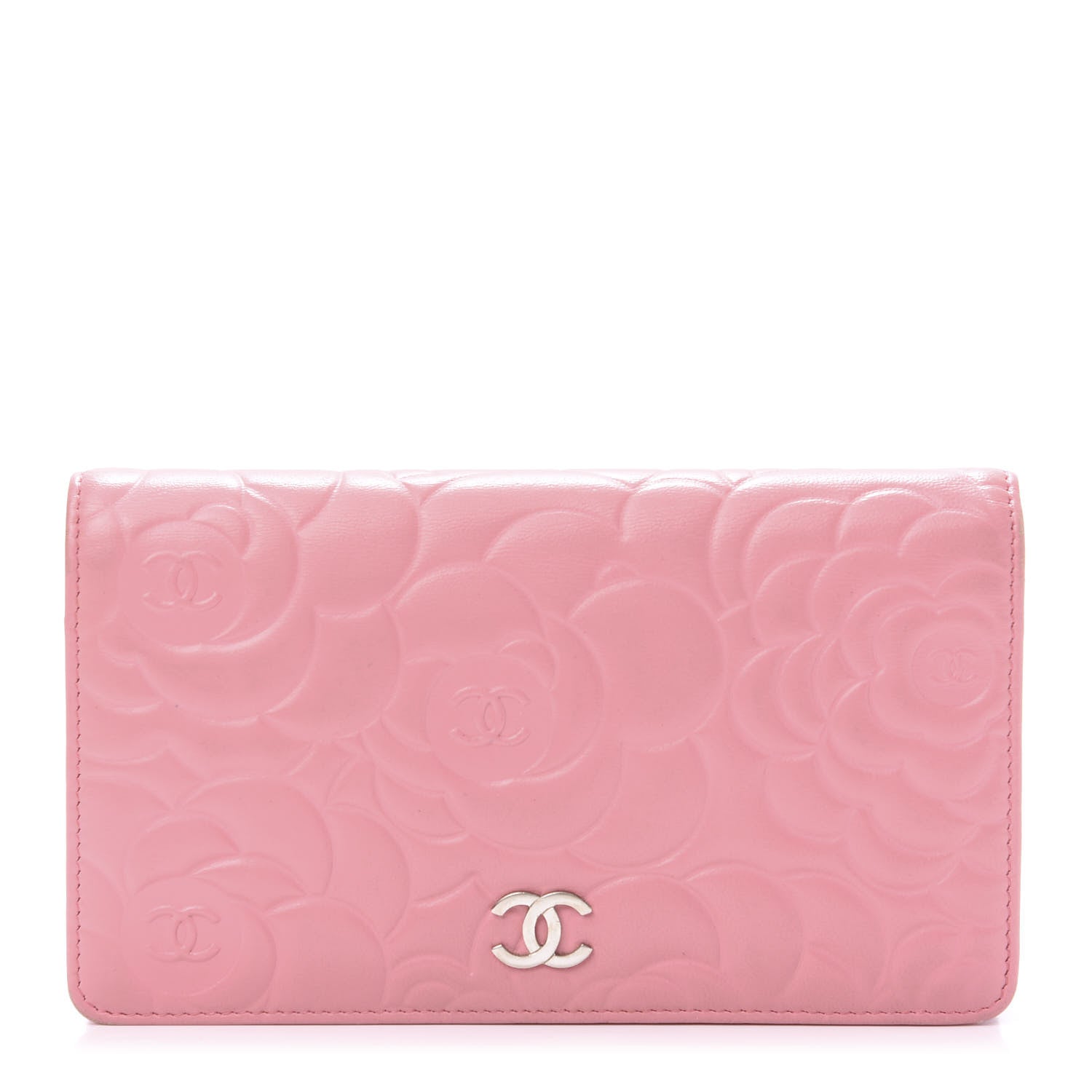 Chanel Lambskin Camellia Embossed Yen Wallet Pink 1 of 10