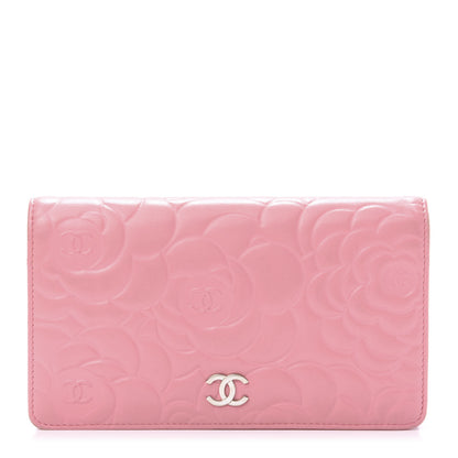 Chanel Lambskin Camellia Embossed Yen Wallet Pink 1 of 10