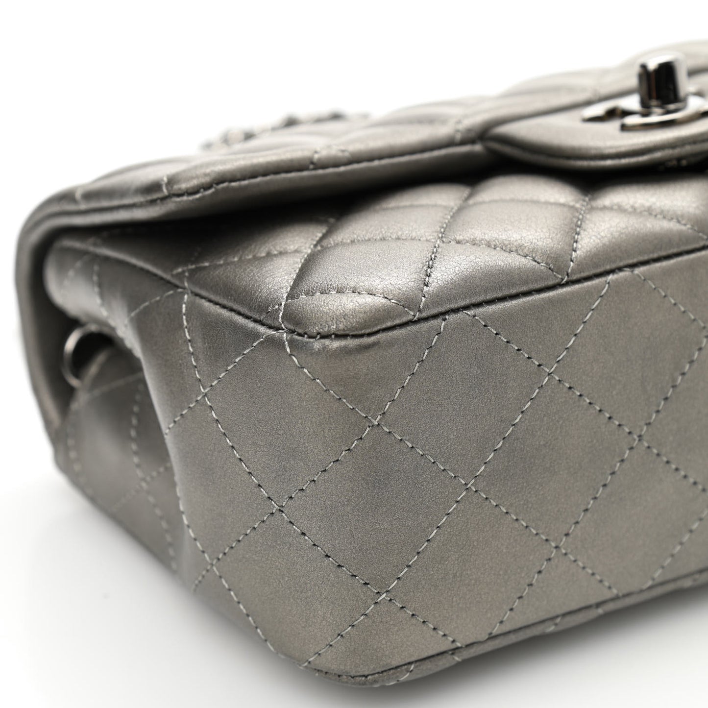 Metallic Calfskin Quilted Mini Rectangular Flap Ruthenium