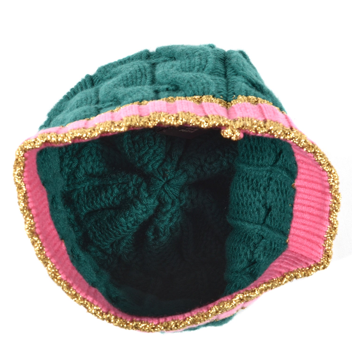 Gucci Wool Cashmere Polyamide Cable Knit Bonhate Beanie Hat M Grass Green Pink 3 of 4