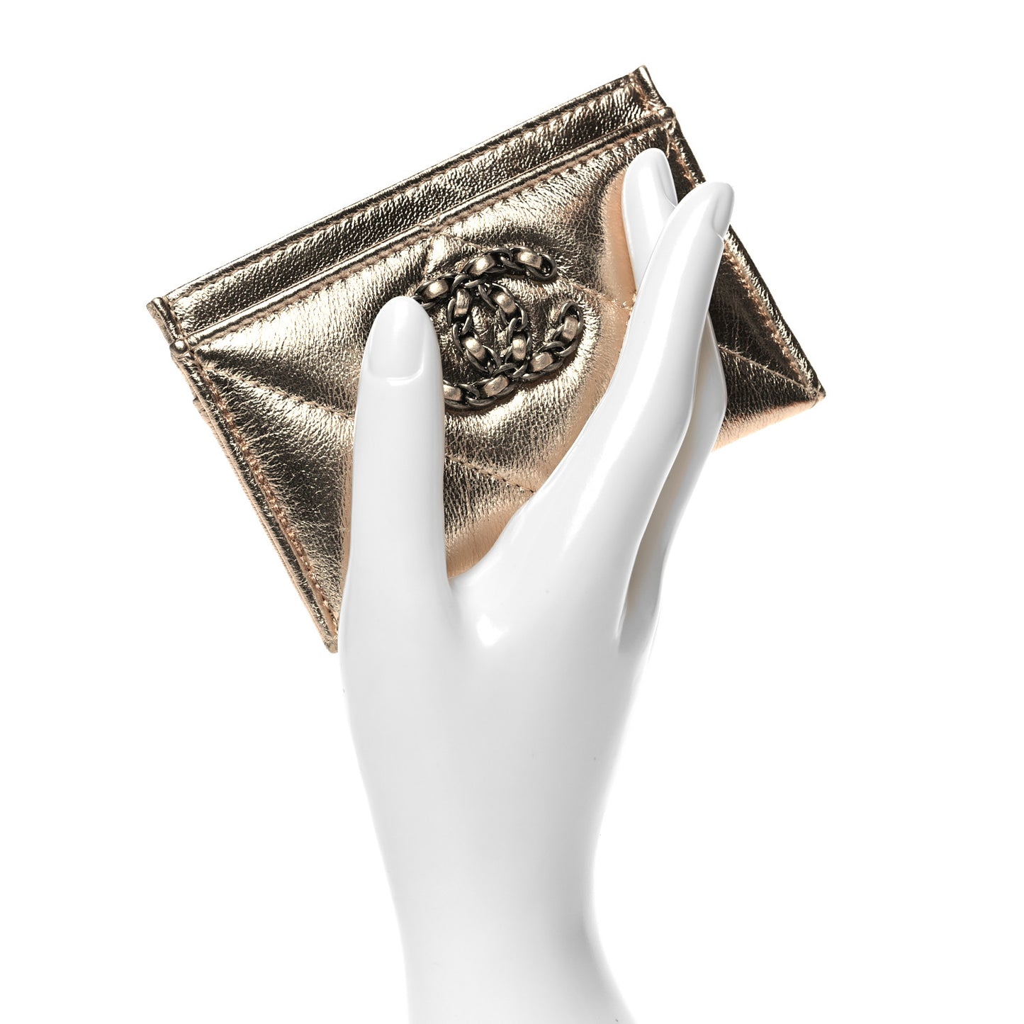 Metallic Lambskin Quilted Chanel 19 Card Holder Gold