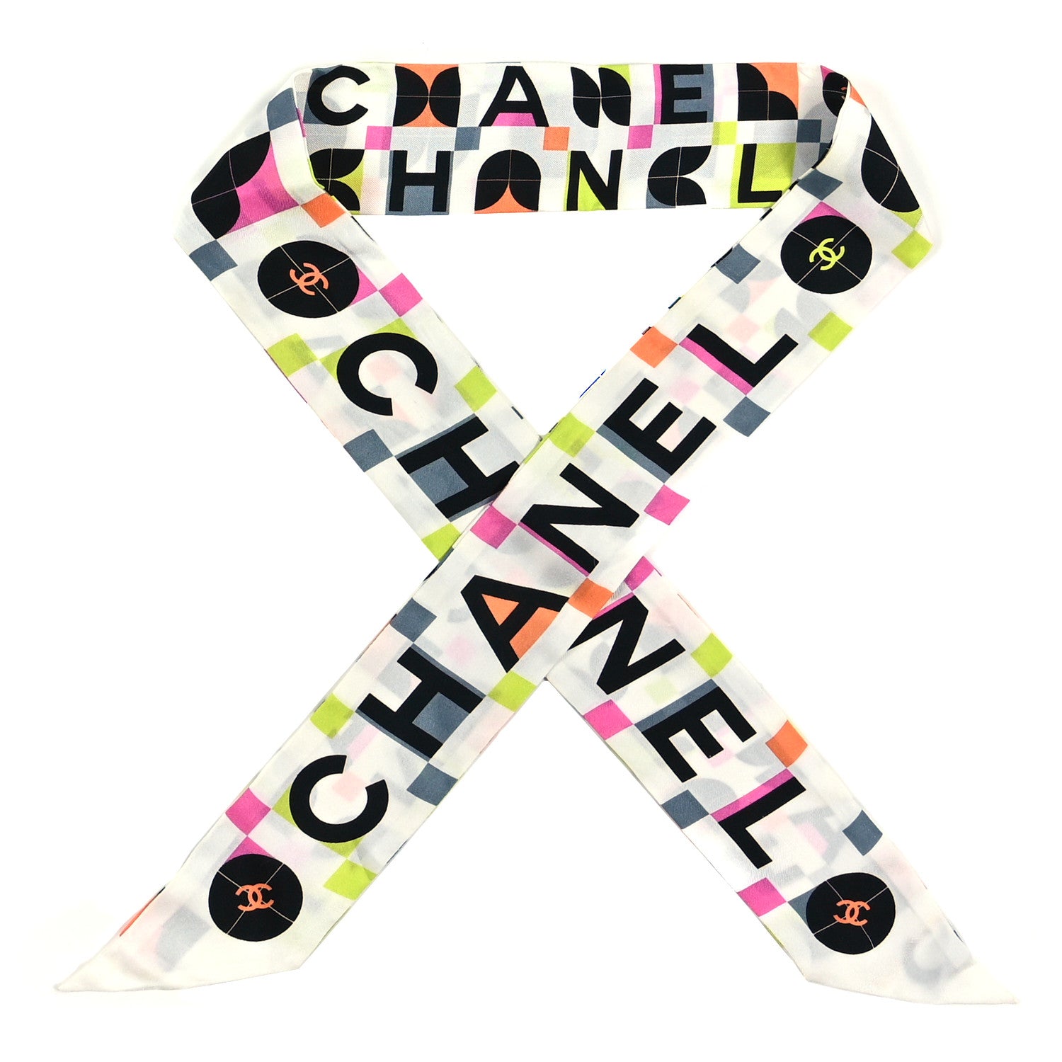 Chanel Silk Logo Slim Bandeau Scarf White Black Orange 1 of 8