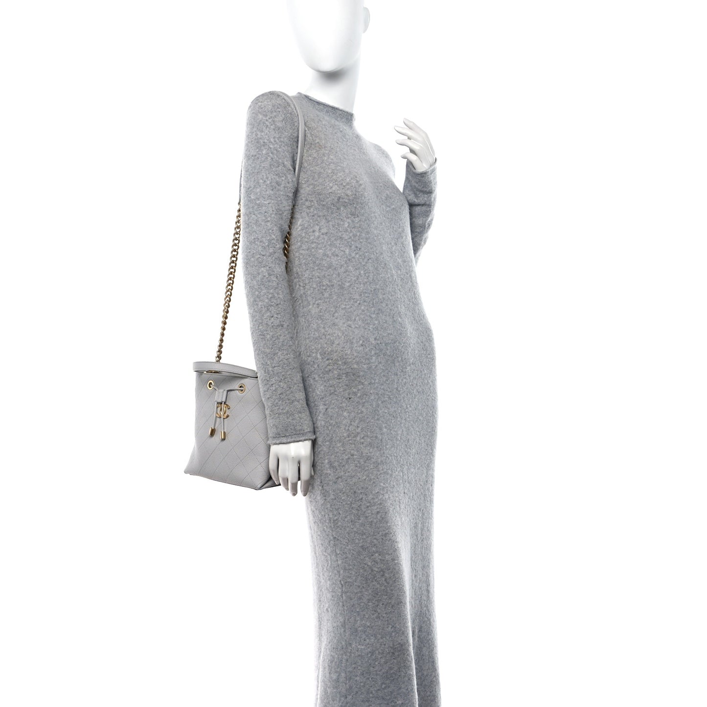 Grained Calfskin Stitched Small Drawstring Bag Grey