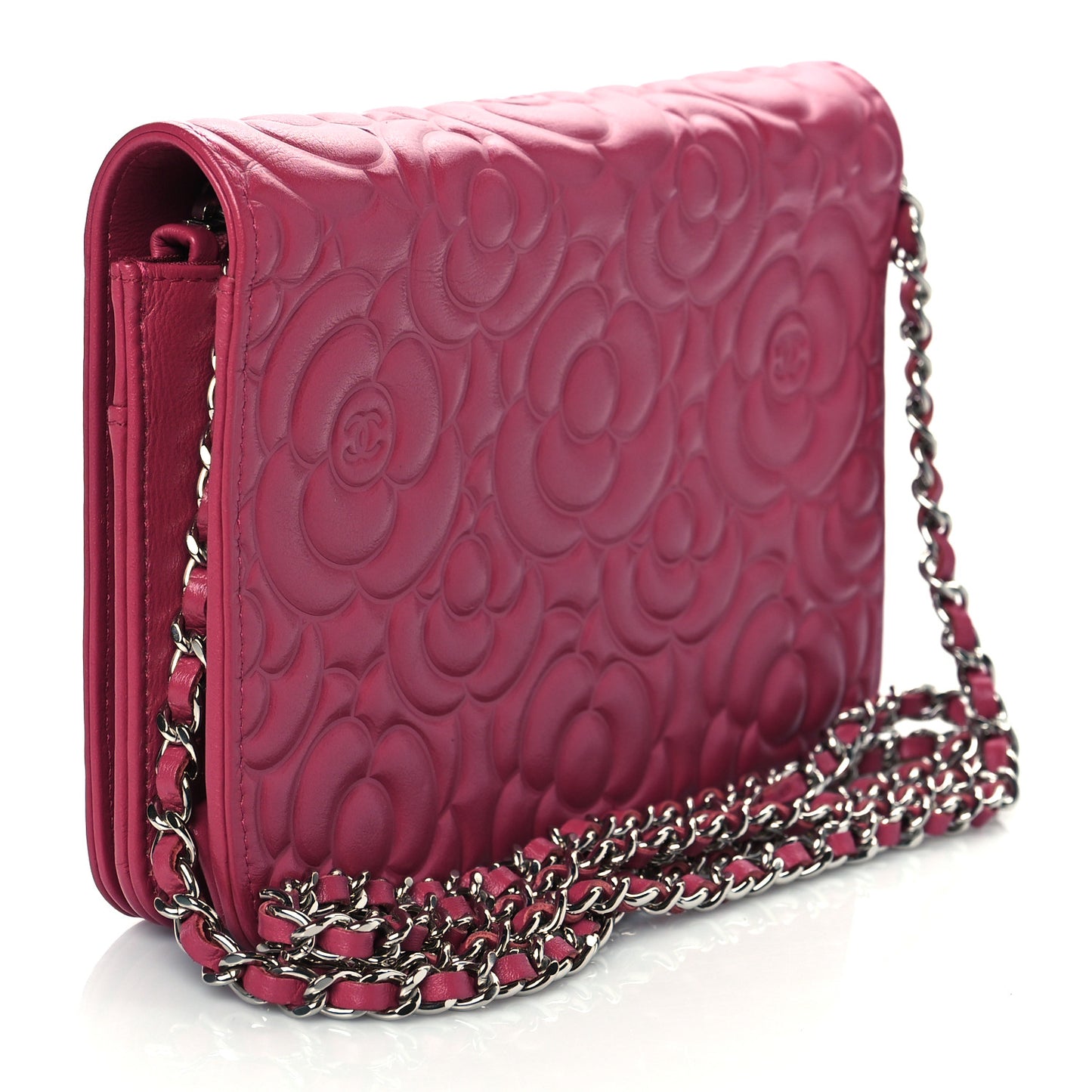 Lambskin Camellia Embossed Wallet On Chain WOC Fuchsia