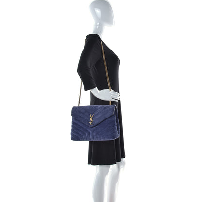 Saint Laurent Suede Y Quilted Monogram Medium Loulou Chain Satchel Blue 2 of 17