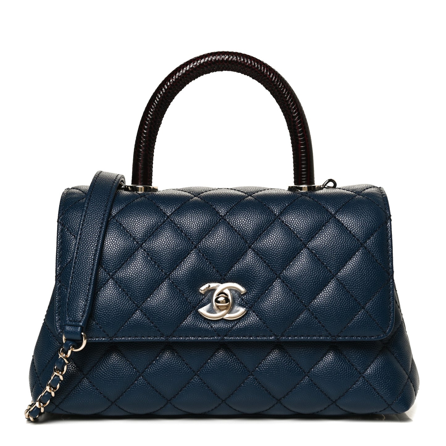 Caviar Quilted Lizard Embossed Mini Coco Handle Flap Navy Blue