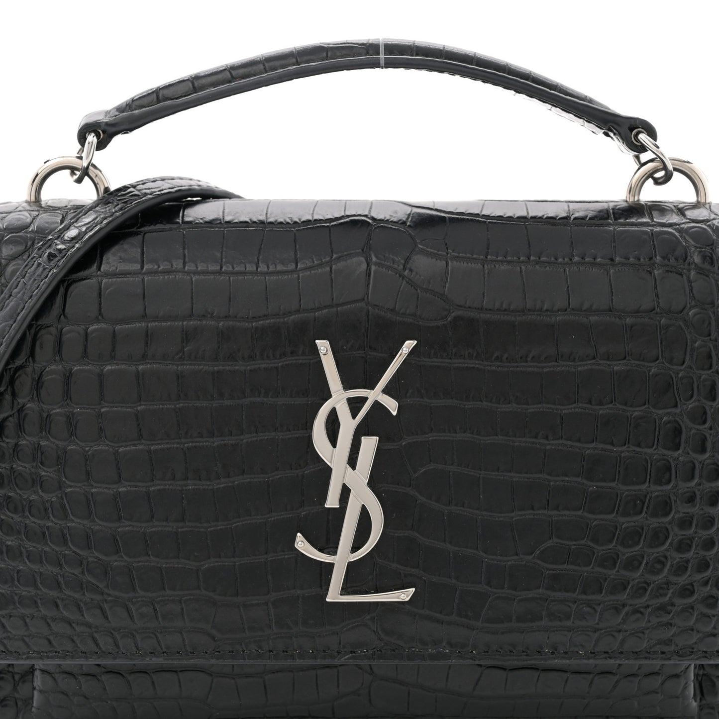 Calfskin Crocodile Embossed Monogram Sunset Top Handle Chain Wallet Black