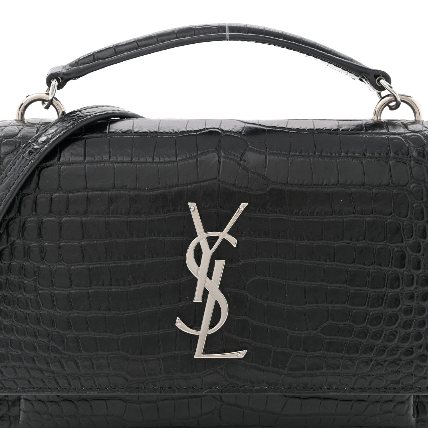 Saint Laurent Calfskin Crocodile Embossed Monogram Sunset Top Handle Chain Wallet Black 7 of 10