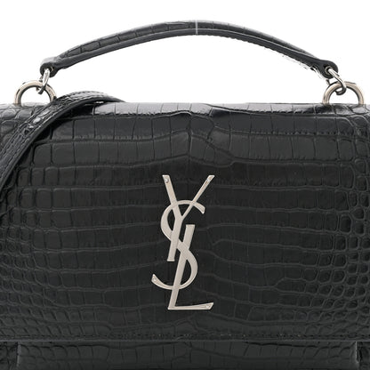 Saint Laurent Calfskin Crocodile Embossed Monogram Sunset Top Handle Chain Wallet Black 7 of 10