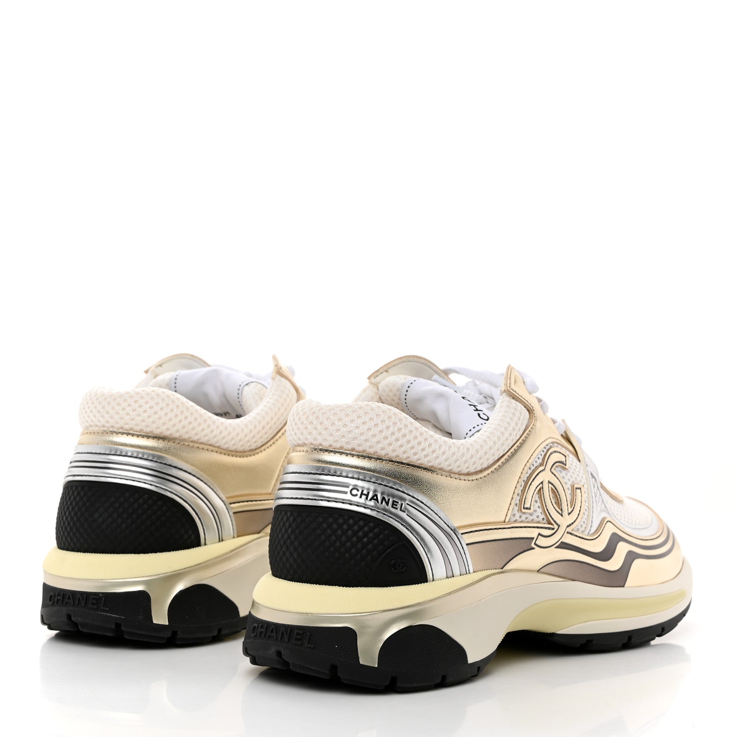 Fabric Laminated Calfskin Stretch CC Sneakers 40 White Gold Silver