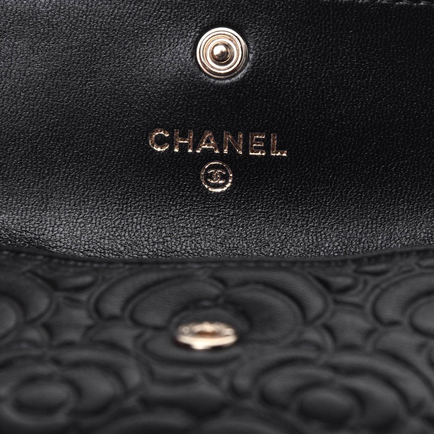 Lambskin Camellia Embossed Chain Belt Bag Black