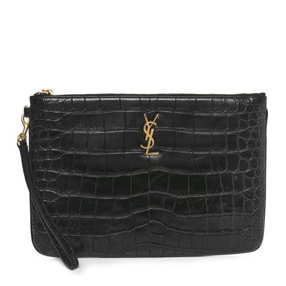 Saint Laurent Calfskin Crocodile Embossed Tablet Pouch Black 1 of 8