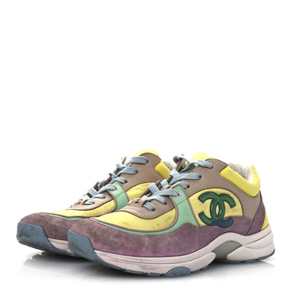 Chanel Nylon Lambskin Calfskin Suede CC Womens Sneakers 38.5 Pink Yellow Purple 4 of 15