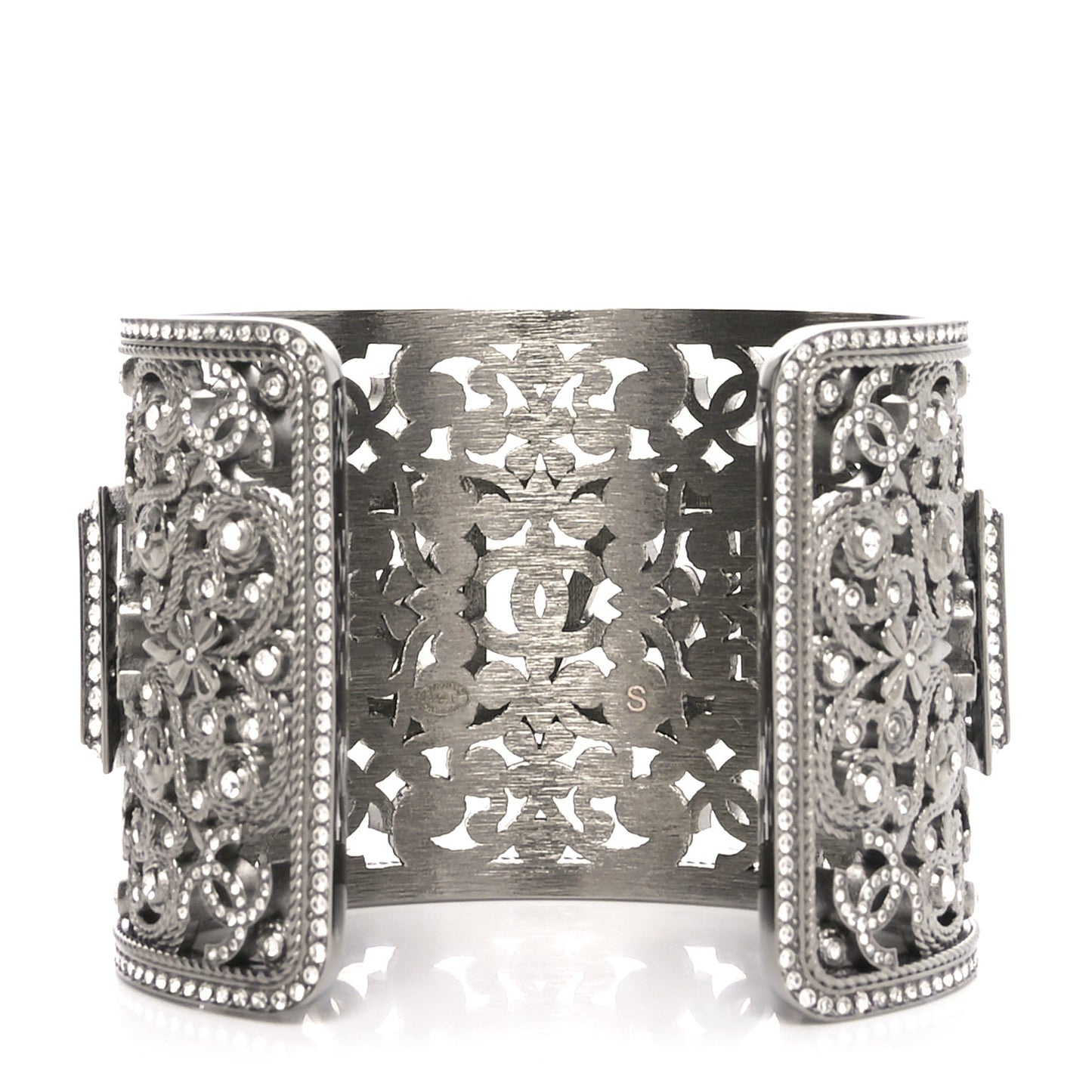 Metal Strass Logo Wide Cuff S Ruthenium Crystal