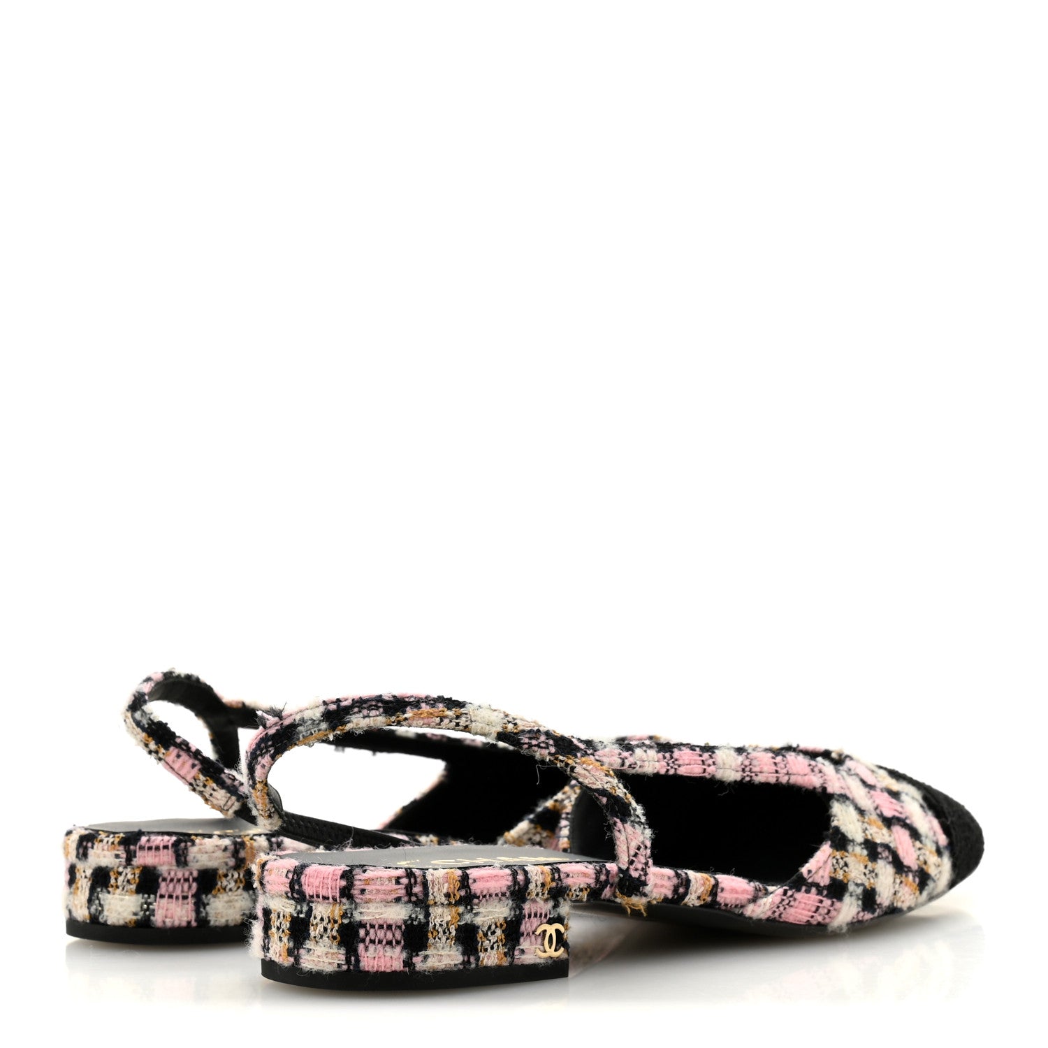 Chanel Tweed Cap Toe CC Slingback Flats 40 Black Pink White 5 of 10