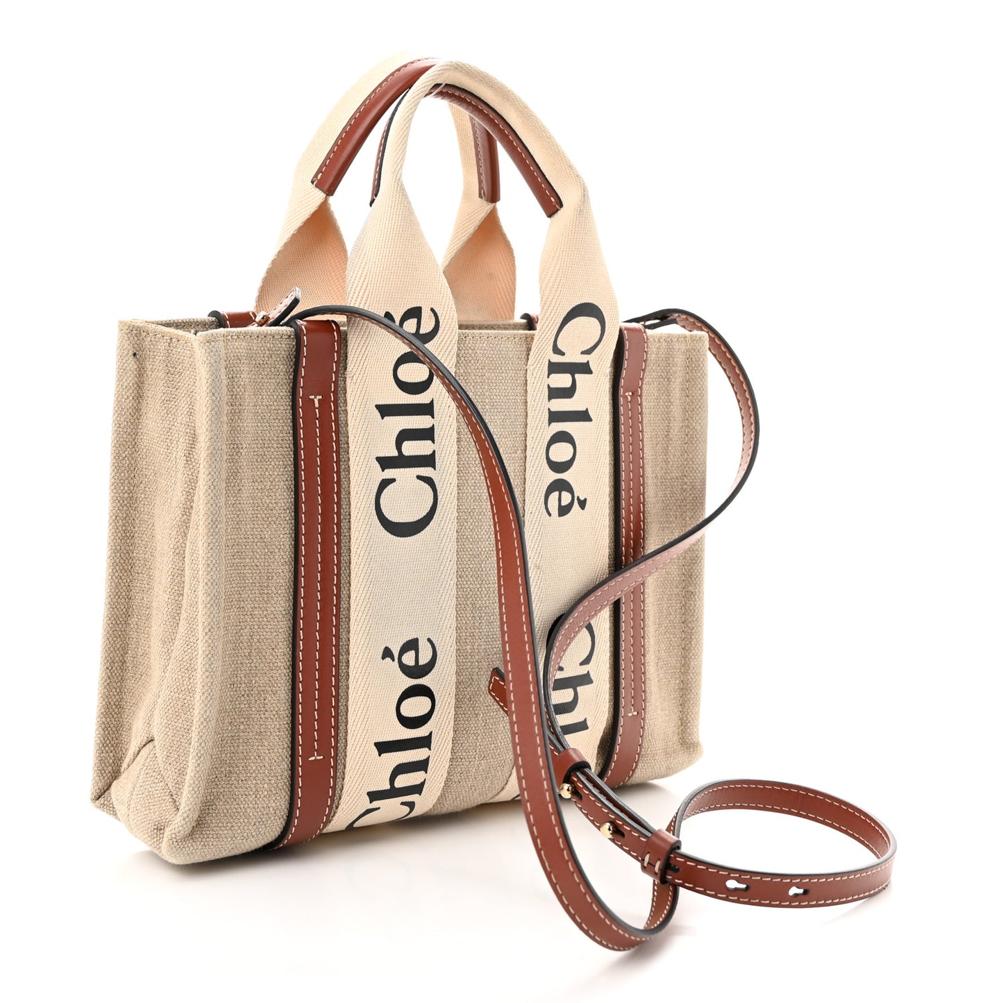 Linen Calfskin Small Woody Ribbon Tote With Strap White Brown