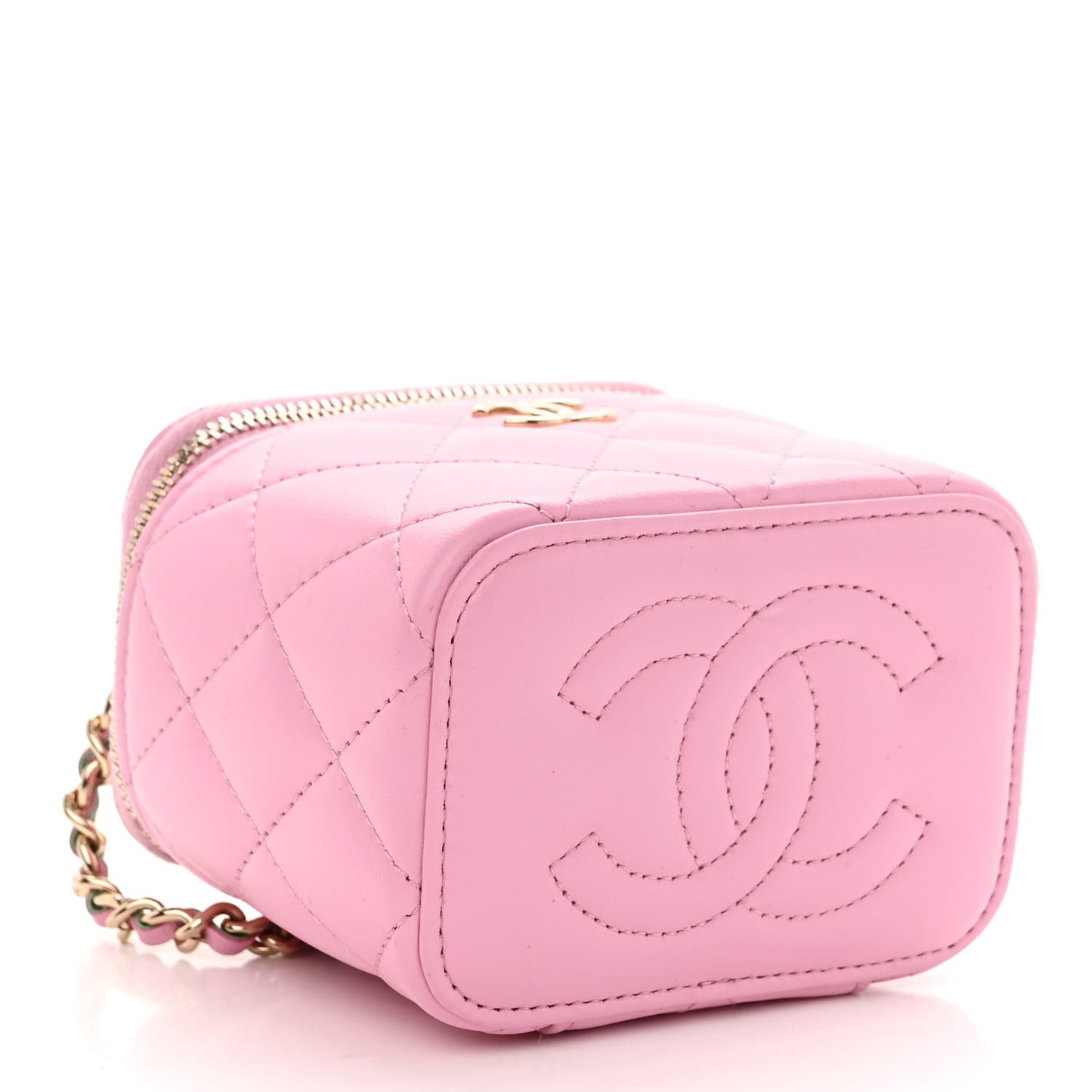 Lambskin Quilted Top Handle Mini Vanity Case With Chain Pink Green