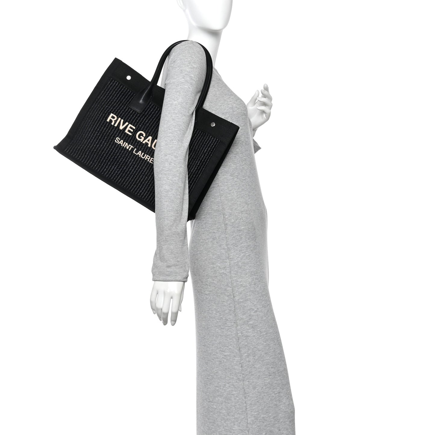 Raffia Linen Calfskin Small Rive Gauche Tote Black