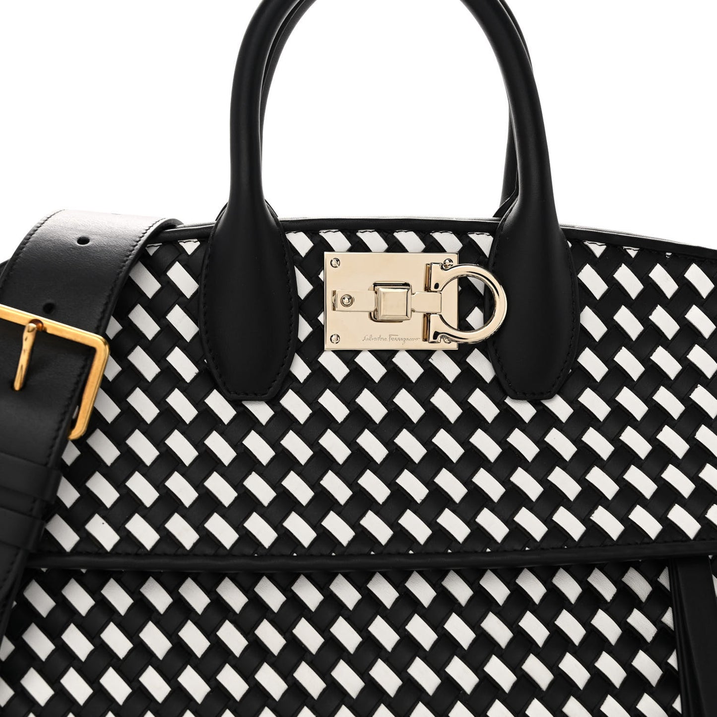 Woven Calfskin Medium Studio Top Handle Bag Black White