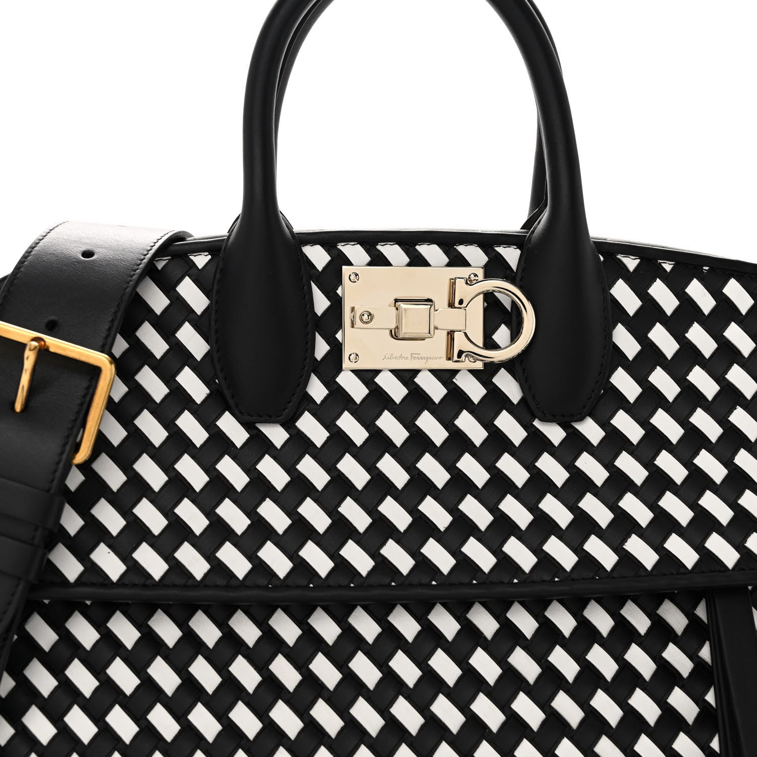 Salvatore Ferragamo Woven Calfskin Medium Studio Top Handle Bag Black White 7 of 9