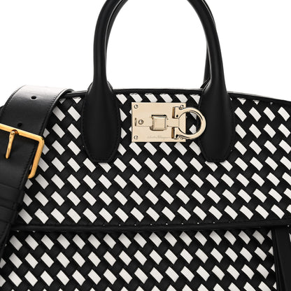 Salvatore Ferragamo Woven Calfskin Medium Studio Top Handle Bag Black White 7 of 9