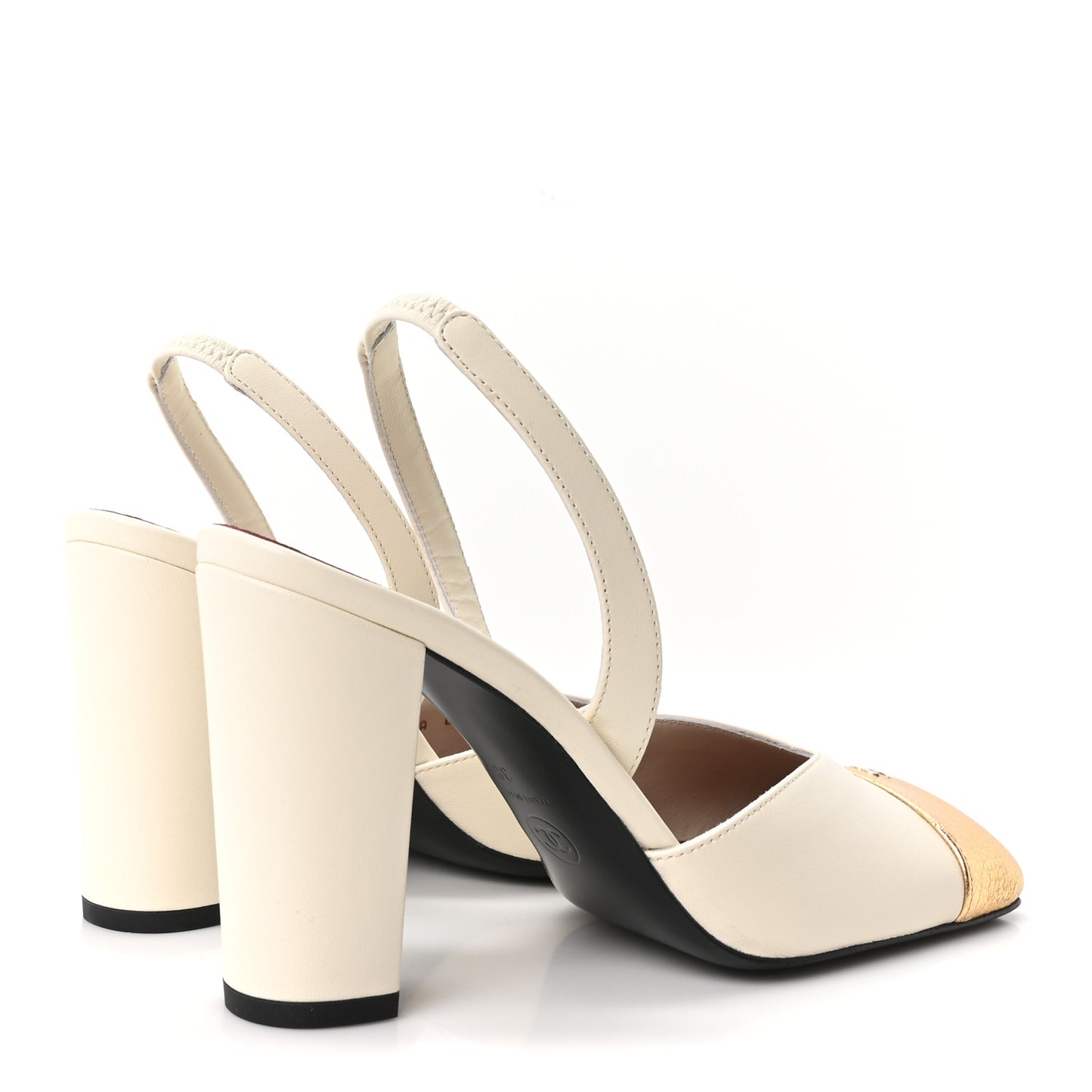 Lambskin Metallic Crackled Calfskin Square Cap Toe CC Slingback Pumps 38 Ivory Gold