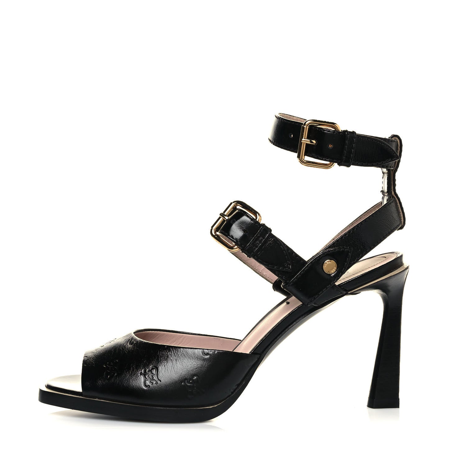 Vitello Karligraphy Embossed FFrame Ankle Strap Sandals 38 Black
