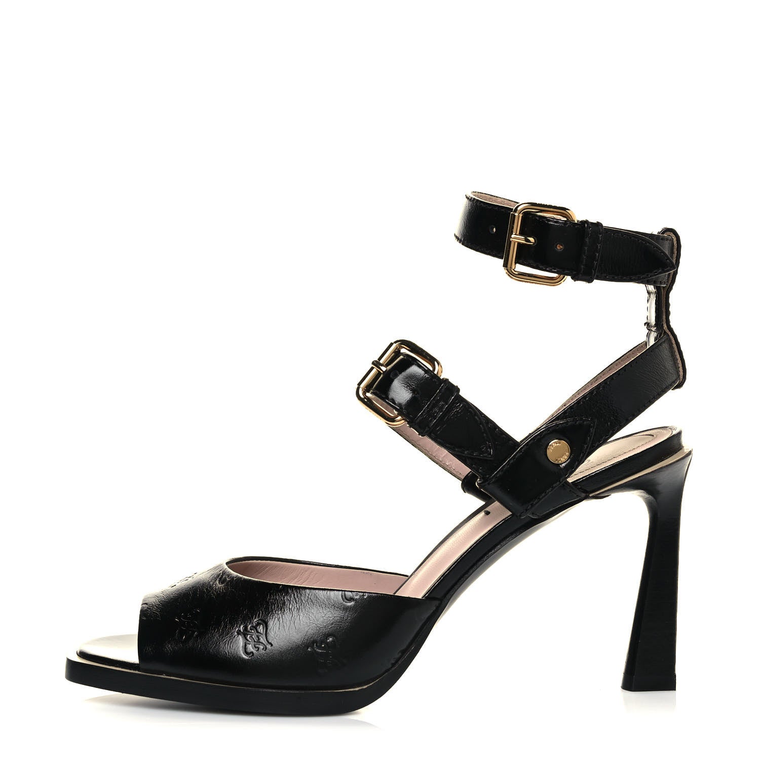 Fendi Vitello Karligraphy Embossed FFrame Ankle Strap Sandals 38 Black 1 of 8