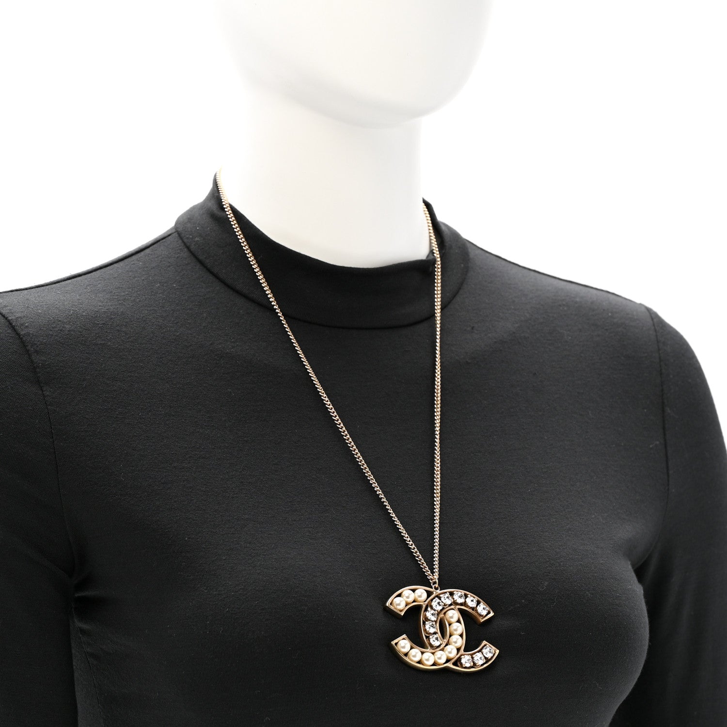 Chanel Pearl Crystal CC Pendant Necklace Gold 2 of 6