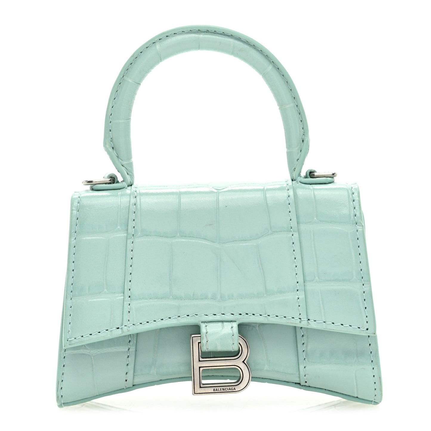 Shiny Calfskin Crocodile Embossed Hourglass Top Handle Bag Mini with Chain Green Acqua