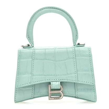 Balenciaga Shiny Calfskin Crocodile Embossed Hourglass Top Handle Bag Mini with Chain Green Acqua 1 of 8