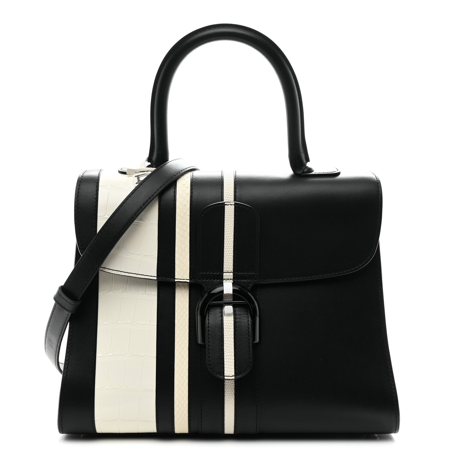 Delvaux Calfskin Alligator Lizard Ayers Sporty Stripes MM Brillant Satchel Black Ivory 1 of 10
