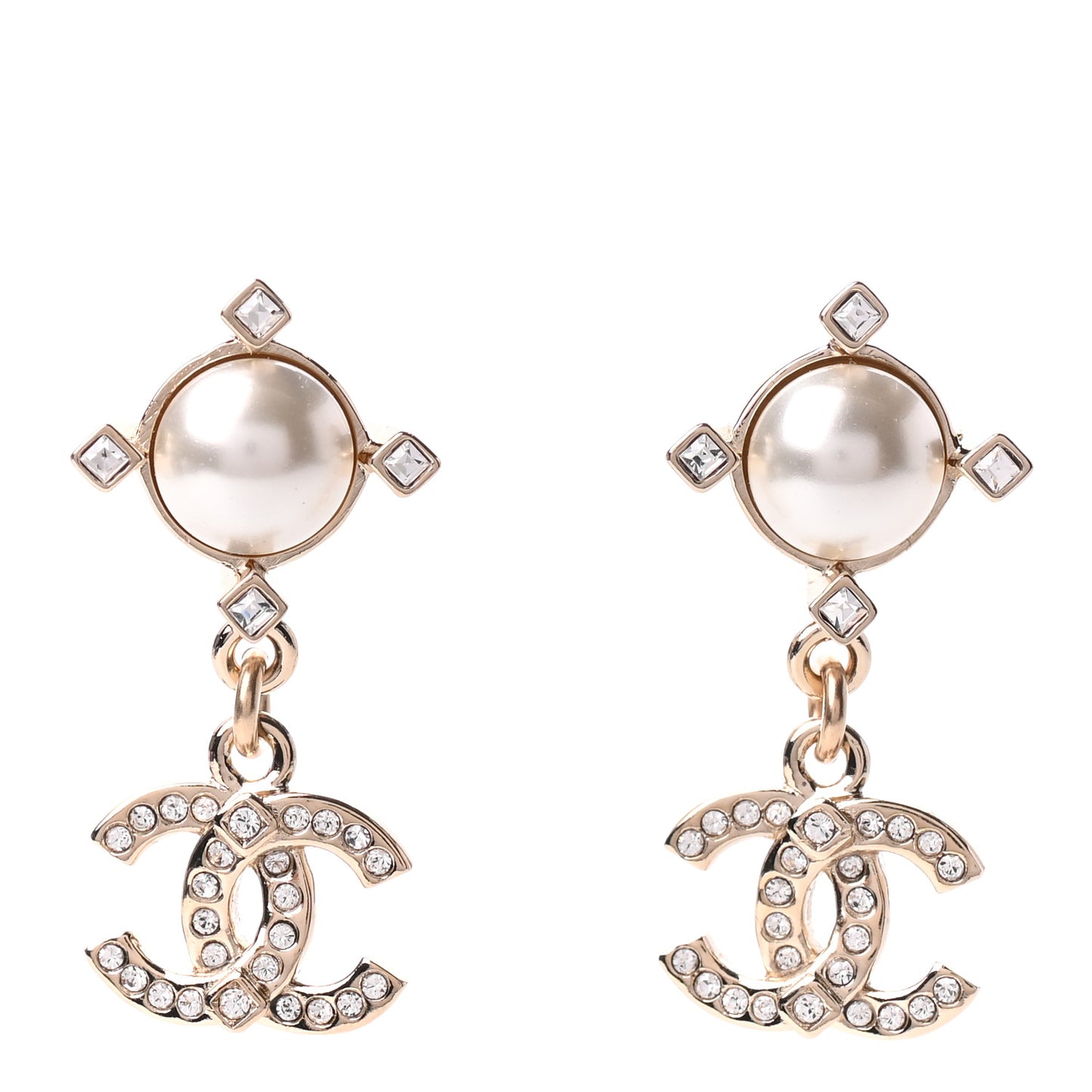 Crystal Pearl CC Drop Earrings Gold