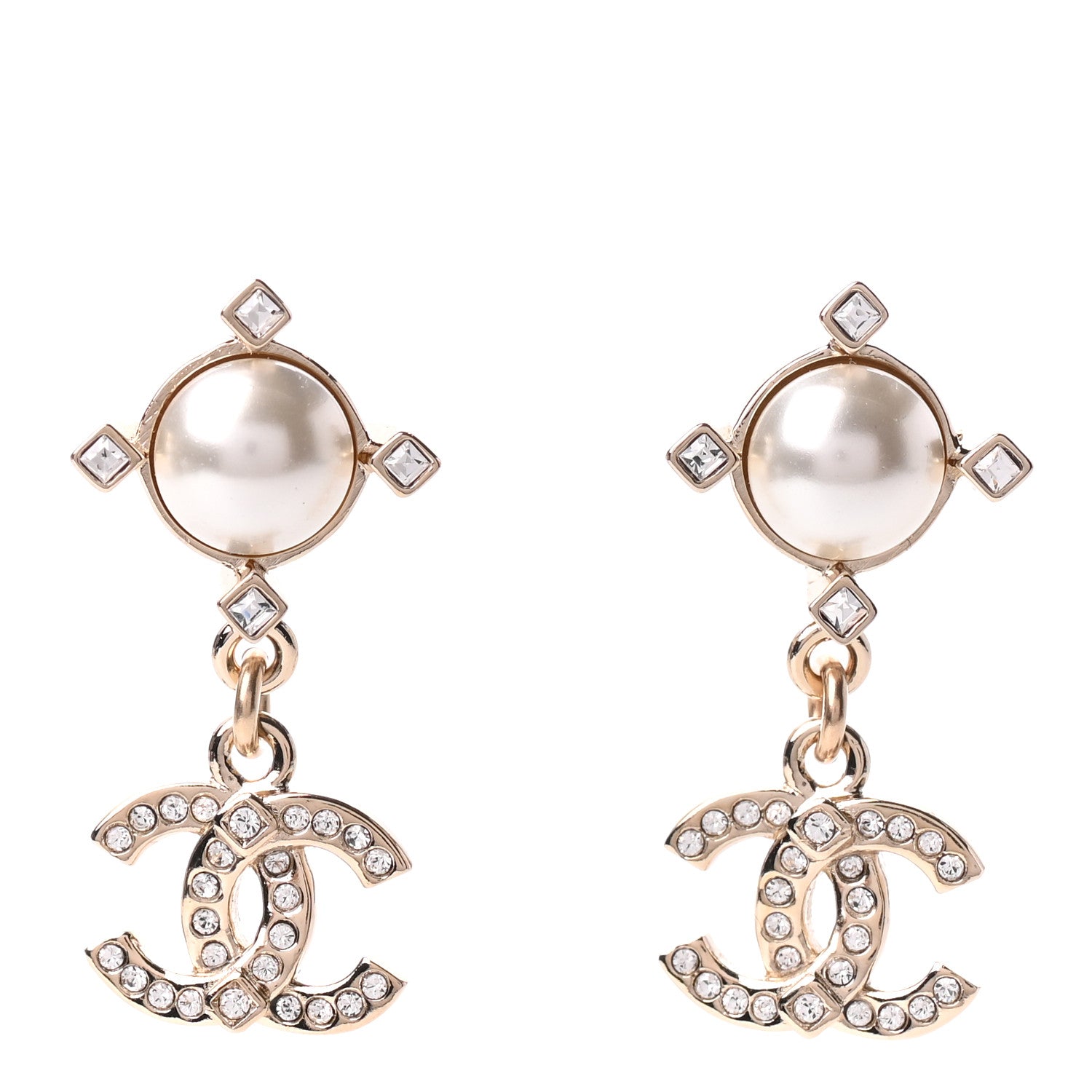 Chanel Crystal Pearl CC Drop Earrings Gold 1 of 5