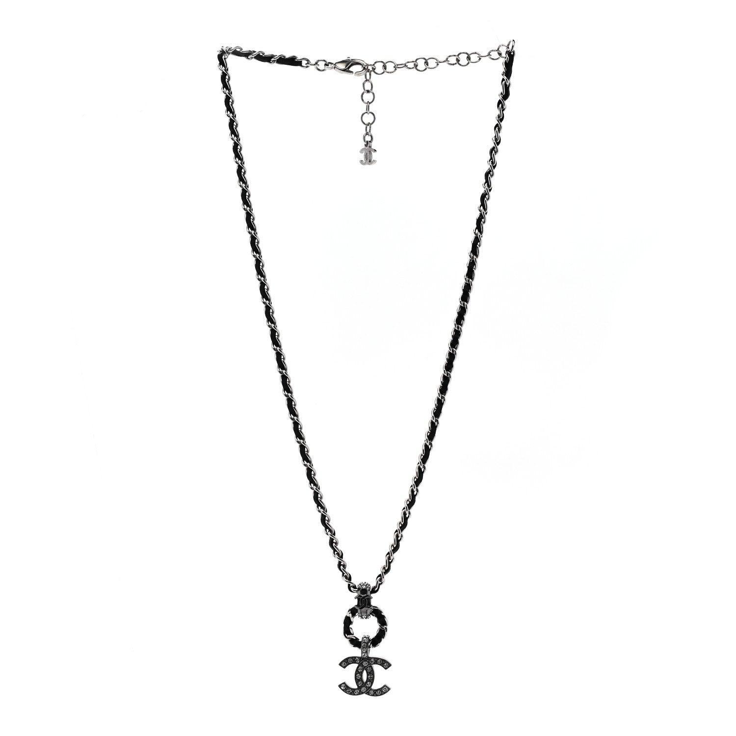Chanel Lambskin Crystal Chain Choker Necklace Silver Black 3 of 6