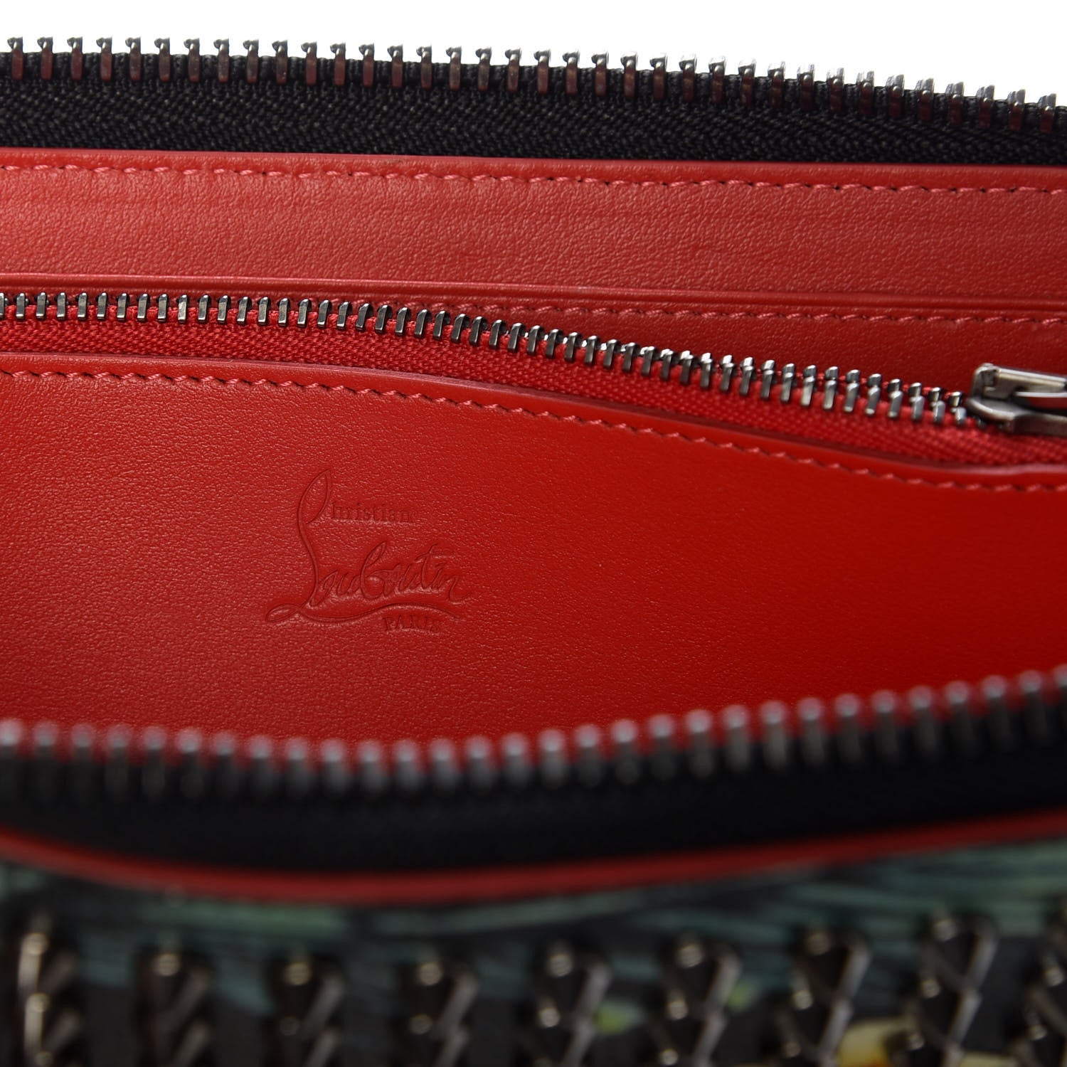 Christian Louboutin Crackled Calfskin Hawaii Print Panettone Spikes Zip Around Wallet Black Silver 6 of 6