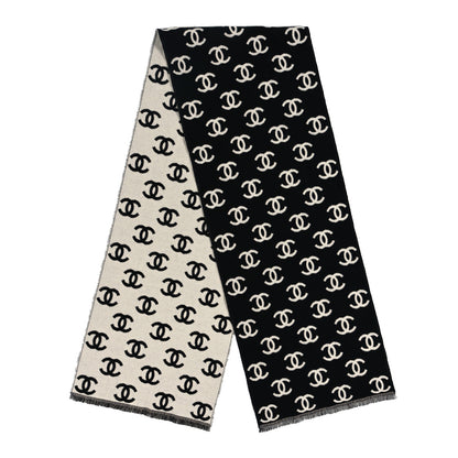 Chanel Wool Cashmere CC Scarf Black White 2 of 4